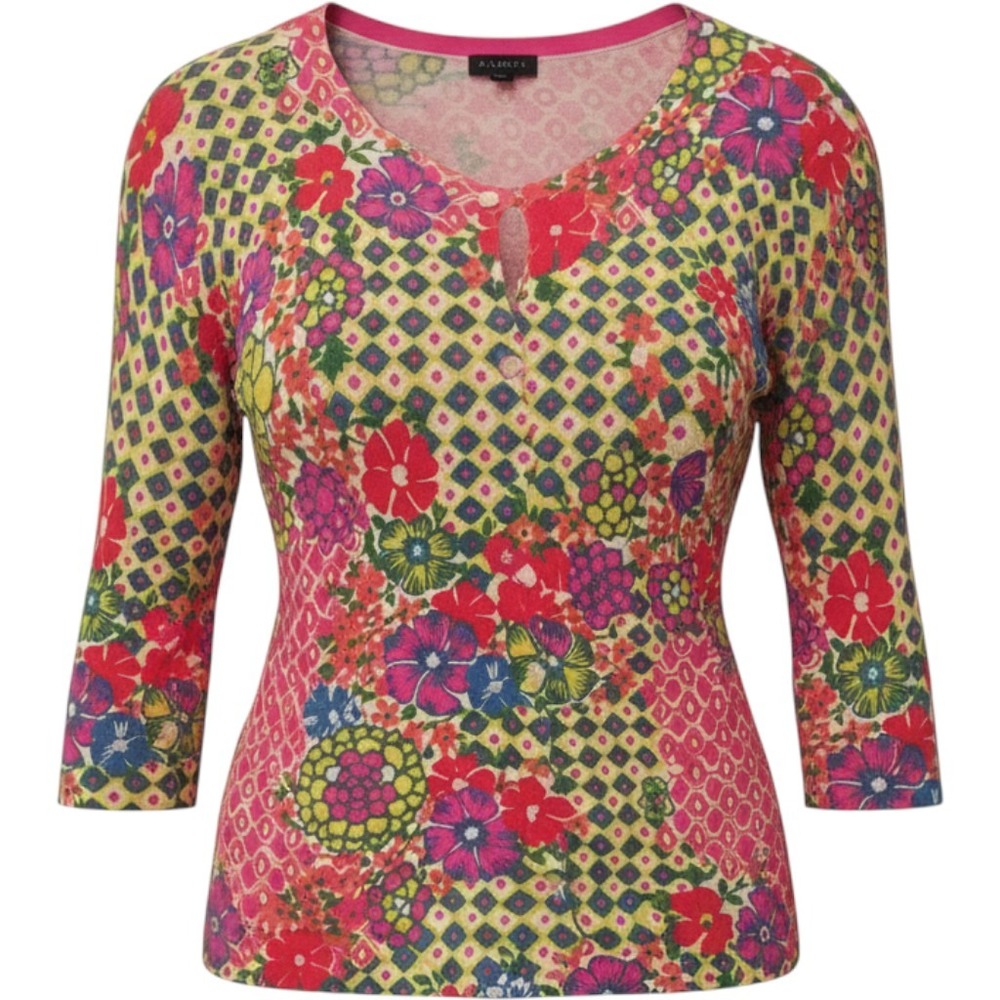 Talbots Womens Small Floral Geometric Patchwork Cardigan Pink 3/4 Sleeve Sweater